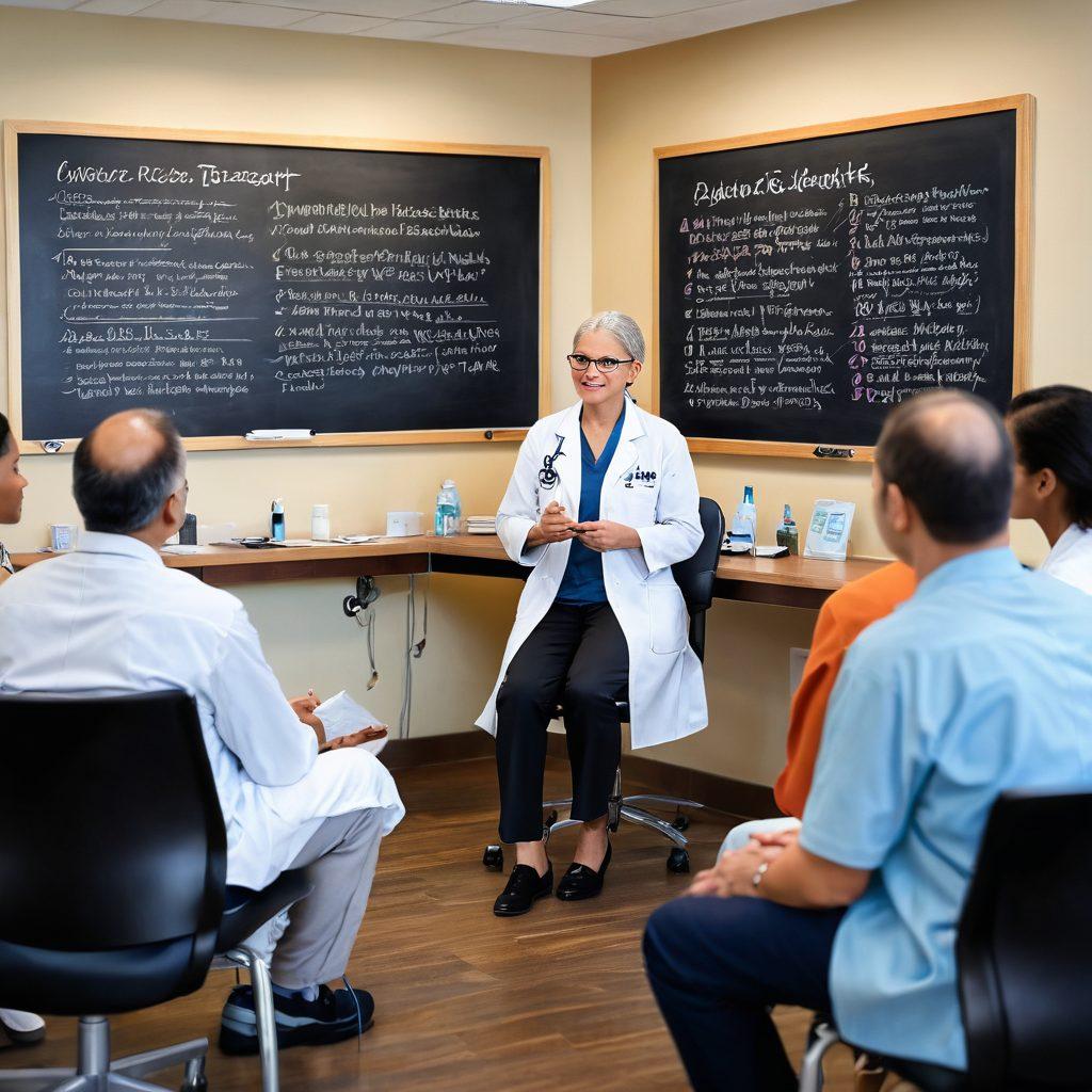 A serene healthcare environment with a compassionate doctor discussing treatment options with a cancer patient. Include a visual representation of various cancer treatment methods like chemotherapy, radiation, and immunotherapy on a blackboard. In the background, show a support group of survivors sharing their stories, emphasizing hope and community. Soft, warm lighting to create an uplifting atmosphere. super-realistic. vibrant colors.