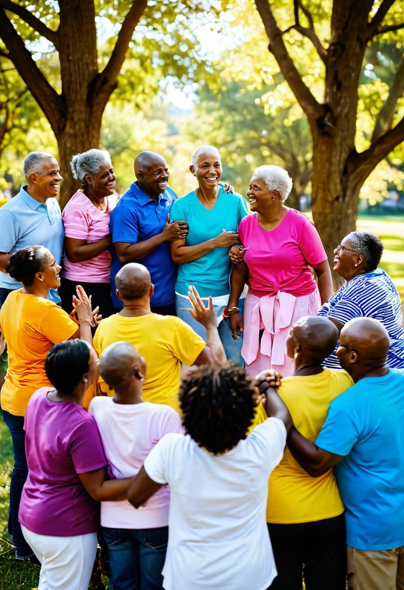 A heartwarming scene depicting a diverse group of cancer survivors and their families gathered in a supportive environment, sharing stories and laughter. Incorporate bright colors symbolizing hope, with elements like supportive hands, ribbons, and inspirational quotes subtly integrated into the background. Create a warm and inviting atmosphere using natural sunlight filtering through trees, enhancing the sense of community and strength. super-realistic. vibrant colors. soft focus.